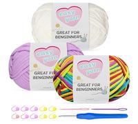 Chunky Cotton Yarn for Crochet 3x100g Thick Wool for Knitting Crochet Yarn with 4mm Hook Starter Kit for Beginners Amigurumi Projects (Off White +Purple+Rainbow)