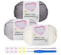 Chunky Cotton Yarn for Crochet 3x100g Thick Wool for Knitting Crochet Yarn with 4mm Hook Starter Kit for Beginners Amigurumi Projects (Darkgrey+LightGrey+Off-White)