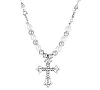 Chunky Cross Pendant Necklace Vintage Charming Cubic Zirconia Cross Pearl Beads Choker Aesthetic Christian Accessories Jewelry for Women, One Size, Metal Rhinestone, No Gemstone