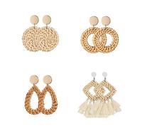 Chunky Earrings for Women 4 Pairs Rattan Earrings Lightweight Geometric Statement Tassel Woven Earrings Handmade Wicker Braid Drop Dangle Earrings For Women Girls Occult Earrings (Khaki, One Size)