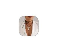Chunky Gold Cross Pearl Pendant Necklace, Vintage Layered Knotted Black Velvet Rope Tied Necklace, Unique Punk Gothic Edgy Jewelry Gift for Women, L, Alloy Steel, No Gemstone