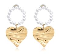 Chunky Gold Heart Earrings Irregular Statement Hammered Texture Pearl and Gold Earrings for Women Large Dangle Earrings Elegant Pearl Drop Earrings Fashion Jewelry, Brass, No Gemstone, Brass, No