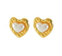 Chunky Heart Pearl Stud Earrings, Exquisite Plated Gold Pearl Oval Statement Earrings, Vintage Hammer Love Personalized Earrings Charm Jewelry