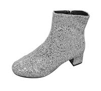 Chunky Heel Mid Heel Short Boots Women's Border Large Size Glitter Sequins Round Head Chunky Heel Boots Ladies Ankle Boots Wide Fit (Silver, 40)