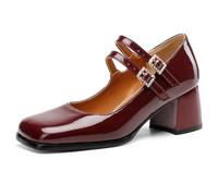 Chunky Heels for Women Dressy Patent Leather Mary Jane Shoes with Buckle Strap for Wedding Party Casual Burgundy 3 UK