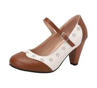 Chunky Heels Women Round Toe Heels Ladies Two Tone Perforated Two Tone Ankle Strap Tango and Salsa Dancing Designed for Unmatched Elegance - Perfect for Elegant Evening Wear Brown