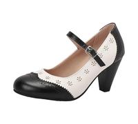 Chunky Heels Women Round Toe Heels Ladies Two Tone Perforated Two Tone Ankle Strap Tango and Salsa Dancing Designed for Unmatched Elegance - Perfect for Elegant Evening Wear Black