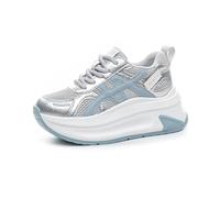 Chunky Height-Increasing Trainers Women's Lace-up Platform Sneakers Breathable Mesh Walking Shoes Flats for Petite Ladies Silver 5