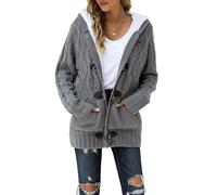 Chunky Hooded Cardigans For Women,Grey Cable Fleece Lined Knitted Cardigans Open Front Horn Buckle Ladies Sweater Coat Winter Warm Jacket Knitting Jumpers Outerwear,L