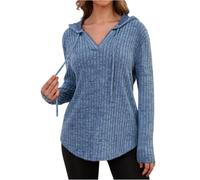 Chunky Hoodies for Women Ladies Knit V-Neck Long Sleeve with Drawstring Waist Button Sweater Tunic Oversized Basic Casual Thermal Tops Fall Winter Outfits Blue XL