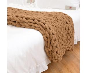 Chunky Knit Blanket - Handmade Chenille Yarn Cable Knit Crochet Throw for Couch, Thick Cozy Blanket for Home Decor， color: Camel， size: 120 * 180 cm