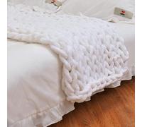 Chunky Knit Blanket Throw, 100% Hand Knitted Warm Chenille Throw Blanket, Big Home Decor Soft Thick Yarn Cable Knit Blanket for Couch Bed Sofa Best Gift (White, 40"x40" (Small Size Throw))