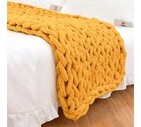 Chunky Knit Blanket Throw 40"×40", Hand Knitted Warm Chenille Throw Blanket, Home Decor Soft Thick Yarn Cable Knit Blanket,Soft Breathable Fleece Banket Christmas for Couch Bed Sofa Best Gift (Yellow)