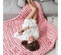 Chunky Knit Blanket Wool Throw Super Thick Warm & Cosy Throw Blanket Luxury No Shedding Braided Cable Knit Blanket Chunky Knit Crochet Blanket Blanket Yarn Knitted(Pink,60x120cm/23x47in)