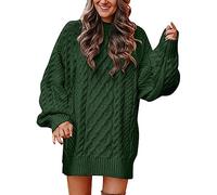 Chunky Knit Jumper Women Women's Turtleneck Jumper Dress Oversize Long Sleeve Knitted Dresses Solid Color Crew Neck Ladies Sweaters Winter Warm Cable Jumpers Loose Casual Tops Green