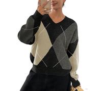 Chunky Knit Sweater Women Oversized, V-Neck Argyle Cropped Pullover Top Long Sleeve Casual(Black Grey,XL)