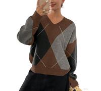 Chunky Knit Sweater Women Oversized, V-Neck Argyle Cropped Pullover Top Long Sleeve Casual(Coffee Grey,L)