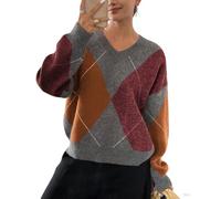 Chunky Knit Sweater Women Oversized, V-Neck Argyle Cropped Pullover Top Long Sleeve Casual(Red Grey,XL)