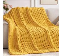 Chunky Knit Throw Blanket, 50''*60'' Knitted Throw Chenille Yarn for Bed Couch, Handmade Yellow Crochet Big Thick Blanket, Machine Washable Cute Comfy Blanket for Home Decor