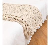 Chunky Knit Throw Blanket - Grey Large Knitted Bed Throw for Sofa and Beds 100X120, Beige