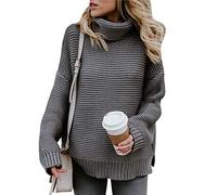 Chunky Knitted Jumpers for Women Ladies Oversized Roll Neck Cable Knit Jumper Womens Pullover Sweaters Baggy Plain Thick Jumpers Long Sleeve Sweater Fluffy Slouchy Loose Knitwear Winter Grey XL