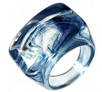 Chunky Marble Swirl Resin Statement Rings for Women Men, Ice Blue Transparent Square Wide Band Vintage Y2K Plastic Finger Rings, Hypoallergenic Comfort Fit Fashion Index Midi Thumb Rings Daily Street