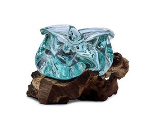 Chunky Molten Glass Ashtray Candle Holder With Wooden Base 23Cm