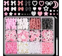 Chunky Nail Charms and Gems Set 1, Girly Coquette Nail Charms + Assorted Pearl Bows Heart Star Moon + Cute 3D Flowers for Nails + Pink & White Flatback Pearls with Pickup Tool for Kawaii Nail Design