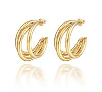 Chunky Open C Triple Hoop Statement Stud Earrings for Women - Fashion Trendy Cute Large Big Split Summer Jewelry Gift (Gold)
