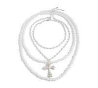 Chunky Pearl Cross Necklace Multil ayer Faux Pearl Beaded Stacked Choker Necklace Large Cross Statement Collar Jewelry Fall Winter Clothes Decorations, One Size, Zinc, No Gemstone