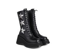 Chunky Platform Boots for Women Lace-Up Mid-Calf Goth Boots Round-Toe Side Zip Combat Wedges Boots,Black,4 UK