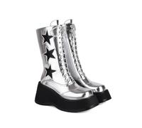 Chunky Platform Boots for Women Lace-Up Mid-Calf Goth Boots Round-Toe Side Zip Combat Wedges Boots,Silver,8 UK