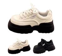 Chunky Platform Sneakers Women - Thick Soled Trainers Women Wide Fit Comfortable Shoes Lightweight Non-Slip Footwear Pu Leather Waterproof Sneakers Fashion Heighten Trainers Outdoor Shoes Black