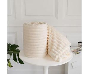 Chunky Ribbed Faux Fur Throw Blanket Ivory Cream 150 x200cm