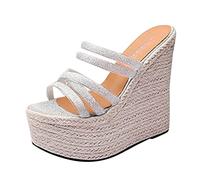 Chunky Sandals for Women Black Wedge Sandals High Heel Multi Strap Women Glitter Platform Toe Lady Espadrille Mules Catwalk Female PVC Slides Summer Red Ladies (Silver,6.5)