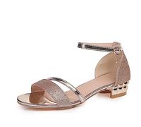 Chunky Sandals for Women Sparkling Glitter Ankle Strap Sandals Low Mid Block Heel Sandals for Women Wedding Bridal Prom Party Ladies Bridesmaid Open Toe Shoes (Gold, 6)
