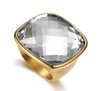 Chunky Square Cushion-Cut Crystal Glass Statement Ring, Gold-Tone Plated Stainless Steel Band, Oversized Geometric Cocktail Prom Jewellery for Women Men, 2.8cm Faceted Stone (Clear, US9=S)