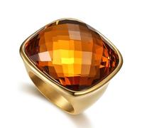 Chunky Square Cushion-Cut Crystal Glass Statement Ring, Gold-Tone Plated Stainless Steel Band, Oversized Geometric Cocktail Prom Jewellery for Women Men, 2.8cm Faceted Stone (Amber, US7=O)