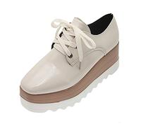 Chunky Trainers for Women Lace-Up Low Top Chic Platform Leather Trainers Non Slip Breathable Mesh Walking Running Shoes Lightweight Comfortable Orthopedic Sneakers Flat Wedge Casual Sneakers Beige