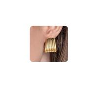 Chunky Widen Gold Ribbed Square Statement Earrings for Women,Vintage Geometric Line Aesthetic Drop Dangle Earring,Trendy Jewelry Accessories Gifts, L, Alloy Steel, No Gemstone
