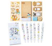 CHUNLINLAODA Cute Dog Stationery Set Includes 440 Sheets Dog Sticky Notes, 6 Pcs Dog Ball Point Gel Ink Pens, Cute Office Supplies, Back to School Office Gift for Kids Student Teacher (A)