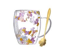 CHUNLINLAODA Dry Flowers Glass Coffee Mugs Dried Flowers Double Wall Glass Coffee Mugs Cute Glass Tea Cups with Handles Gifts for Best Friend Teacher Mum Gift Ideas Autumn Mug Decor (Pinkish Purple)