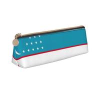 CHUNMINW Flag of the Republic of Uzbekistan Print Minimalist Triangular Leather Pencil Case Cosmetic Organizer with Full-Print for Travel Work
