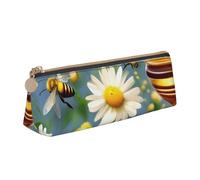 CHUNMINW Flying Bees Daisy Honey Print Minimalist Triangular Leather Pencil Case Cosmetic Organizer with Full-Print for Travel Work, White, One Size, Stylish