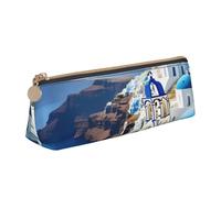 CHUNMINW Minimalist Triangle Greek Island Print Leather Pencil Case Cosmetic Organizer with Full Print for Travel and Work, white, One Size, Elegant