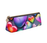 CHUNMINW Rainbow-colored love hearts Print Minimalist Triangular Leather Pencil Case Cosmetic Organizer with Full-Print for Travel Work
