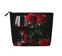 CHUNMINW Red Rose and Wine Romantic Lovers Decor Print Cosmetic Bag for Women,Zipper Makeup Bag Travel Cosmetic Toiletry Bag Organizer Waterproof, Black, One Size