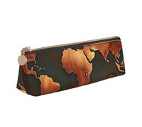 CHUNMINW Rust World Map Print Minimalist Triangular Leather Pencil Case Cosmetic Organizer with Full-Print for Travel Work