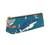 CHUNMINW Shark sailing Print Minimalist Triangular Leather Pencil Case Cosmetic Organizer with Full-Print for Travel Work