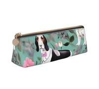 CHUNMINW Sweet Basset Hound Florals Print Minimalist Triangle Leather Pencil Case Cosmetic Organizer with Full Print for Travel and Work, White/Opulent Garden, standard size, Stylish